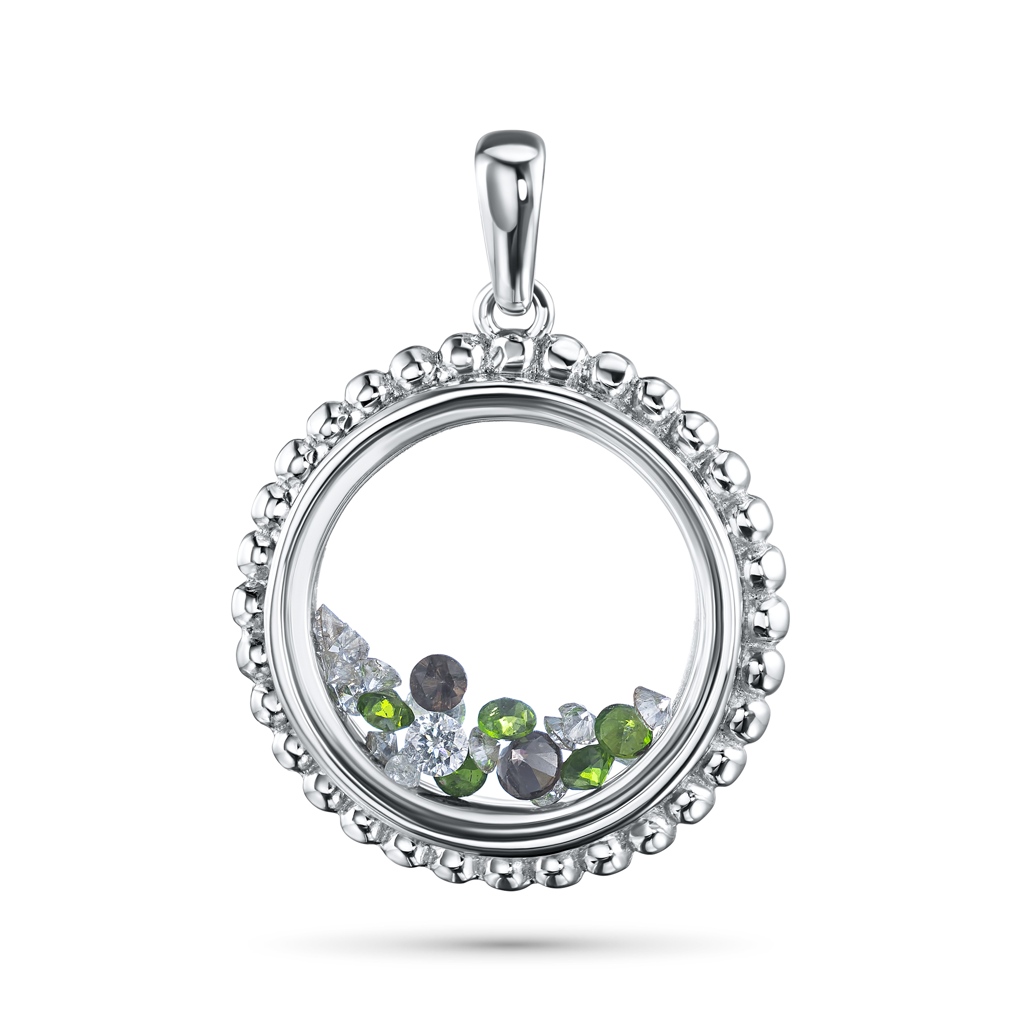 

Подвеска из белого золота с бриллиантами, хромдиопсидами, раухтопазами и сапфировым стеклом э4081пд06240373, э4081пд06240373