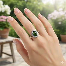 Кольцо из белого золота с хромдиопсидом и бриллиантами